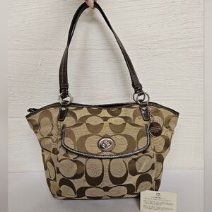 Coach Signature Monogram Canvas Satchel Zip Top Bag in Khaki and Chestnut